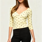 VacationGrabs Women Vintage Polka Dot Crop Top Deep V 3/4 Sleeve Wrap Bust Slim Fitted Short T Shirt Retro Casual Y2K Basic Blouse