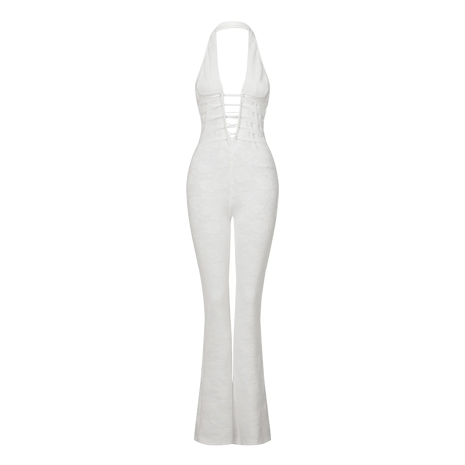 VacationGrabs Chic Women Lace Jumpsuits Halter Neck Cross Backless Sleeveless Long Rompers Summer Slim Playsuit Clubwear ropa de mujer