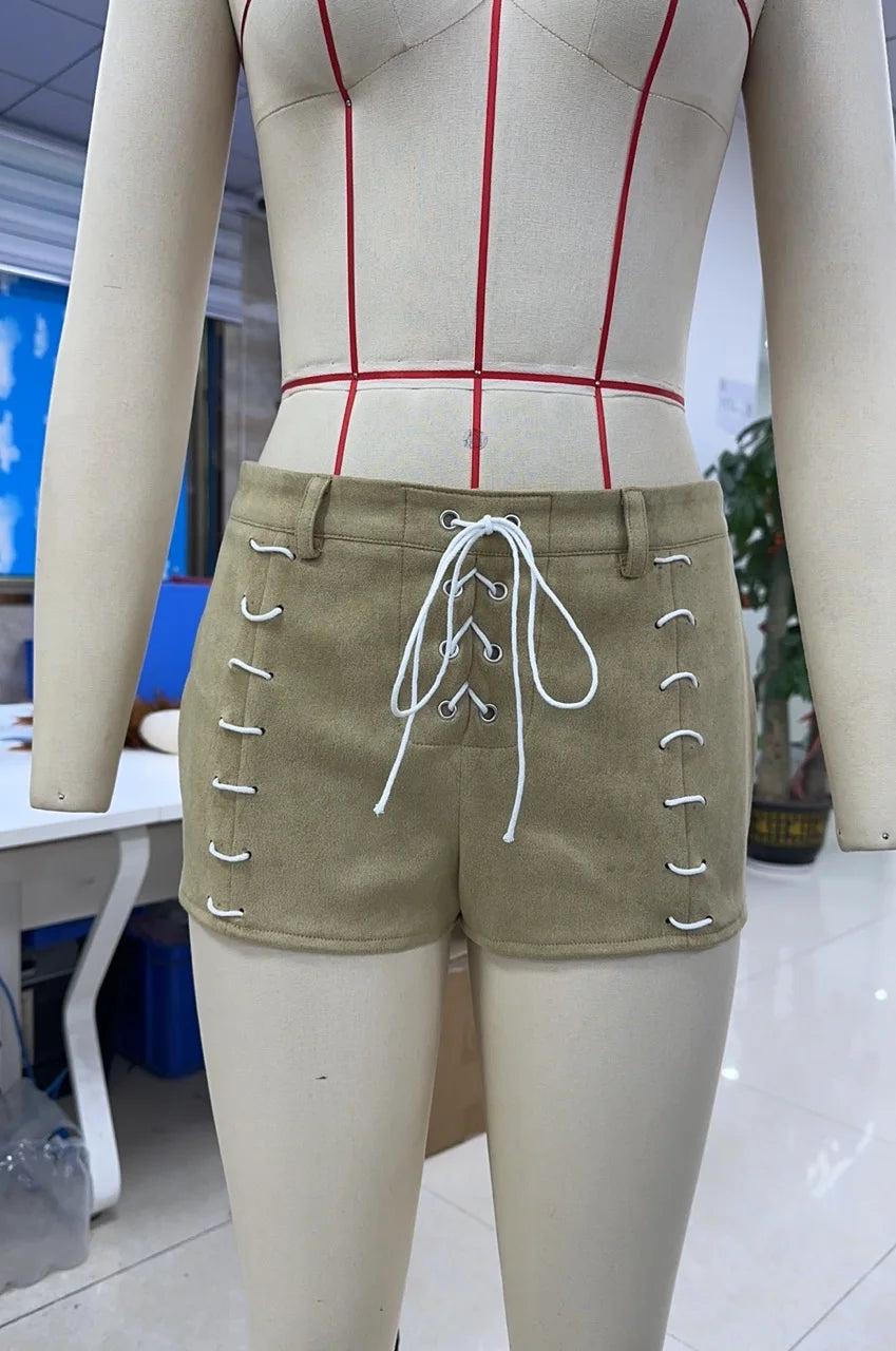 VacationGrabs Y2K Faux Suede Lace Up Mini Shorts for Women Low Rise Drawstring Waist Side Lace Up Hot Pants Casual Summer Rave Party