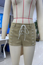 VacationGrabs Y2K Faux Suede Lace Up Mini Shorts for Women Low Rise Drawstring Waist Side Lace Up Hot Pants Casual Summer Rave Party
