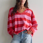 VacationGrabs Oversized Striped V Neck Raw Hem Cropped Sweatshirt Women Loose Long Sleeve Pullover Winter Autumn Casual Streetwear