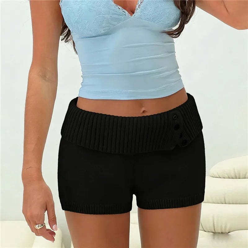 VacationGrabs Stylish Button Decor Ribbed Trim Foldover Mid Rise Shorts Women Knit Crochet Micro Shorts Casual Slim Fit Y2K Streetwear