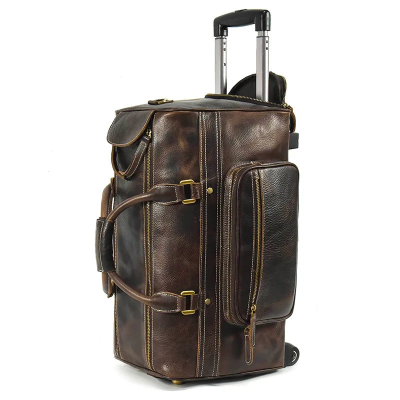 Rolling Genuine leather hand luggage travel bag with wheels
