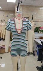 VacationGrabs Preppy Striped Knit Romper Turn Down Collar Short Sleeve Button Front Deep V Bodycon Playsuit Y2K Holiday Streetwear