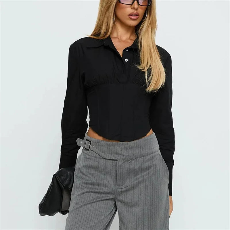 VacationGrabs Striped Long Sleeve Corset Shirt Womens Button Up Fall Stylish Layering Tie Back Crop Shirts Blouse Fashion Streetwear