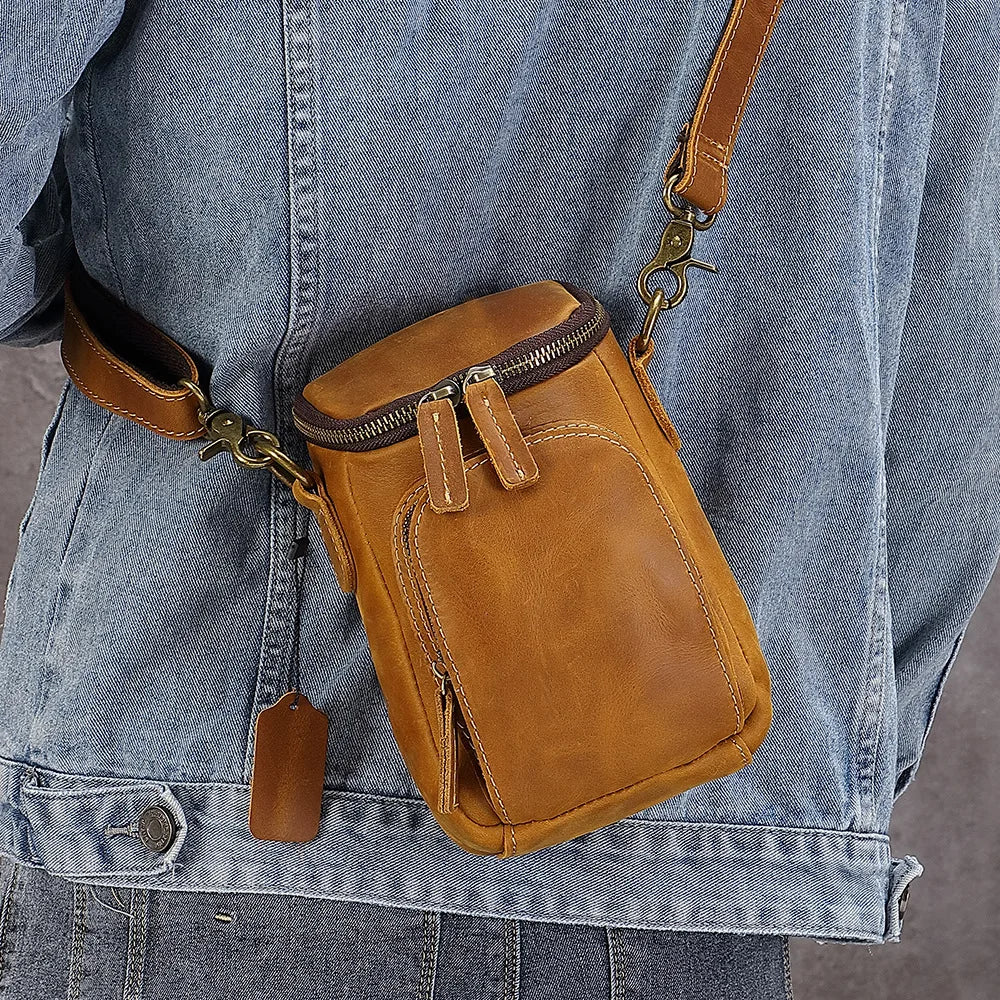 Vintage Leather Crossbody Sling Bag for Men with Belt Loop