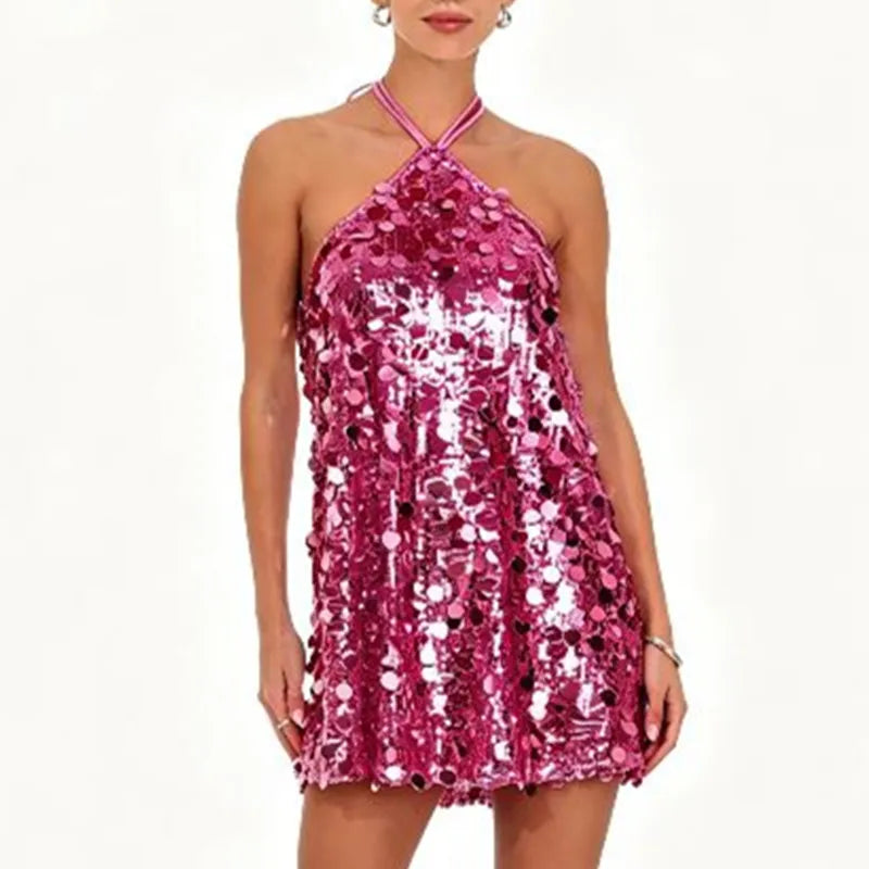 VacationGrabs Women Halter Backless Sequin Mini Dress Glitter Paillette Tie Up Short Dress Club Party Sparkly Cocktail Evening Dresses