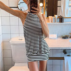 VacationGrabs Women Summer Mini Dress Casual Sleeveless Halter Neck Backless Dress Solid Color Loose Fit Beach Party Club Short Dress
