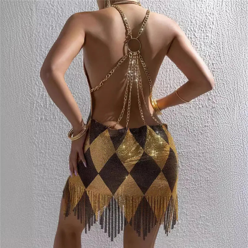 VacationGrabs Women Rhombus Sparkly Rhinestone Mesh Mini Dress Chain Halter Backless Fringe Hem Bodycon Dress Nightclub Party Clubwear
