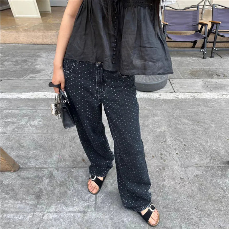 VacationGrabs Y2K Polka Dot Jeans Women Vintage Stretch Wide Leg Denim Pants Casual Distressed Baggy Boyfriend Jeans with Pockets