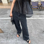 VacationGrabs Y2K Polka Dot Jeans Women Vintage Stretch Wide Leg Denim Pants Casual Distressed Baggy Boyfriend Jeans with Pockets