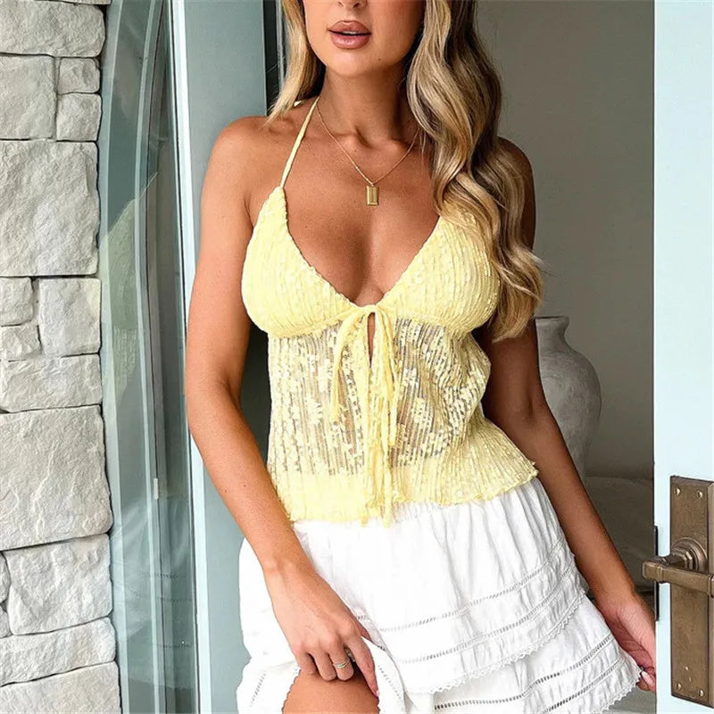 VacationGrabs Summer Women Y2K Lace Shirt Sexy Halter Neck Deep V Neck Crop Top Tie Front Sleeveless Strappy Cami Shirt Streetwear