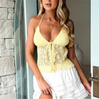 VacationGrabs Summer Women Y2K Lace Shirt Sexy Halter Neck Deep V Neck Crop Top Tie Front Sleeveless Strappy Cami Shirt Streetwear