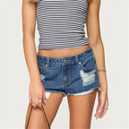 VacationGrabs Womens Low Waist Distressed Denim Shorts Frayed Raw Hem Ripped Jeans Shorts with Inner Layer Casual Streetwear Hot Pants