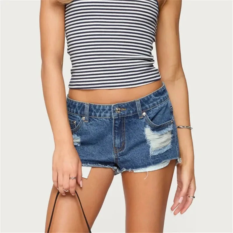 VacationGrabs Womens Low Waist Distressed Denim Shorts Frayed Raw Hem Ripped Jeans Shorts with Inner Layer Casual Streetwear Hot Pants
