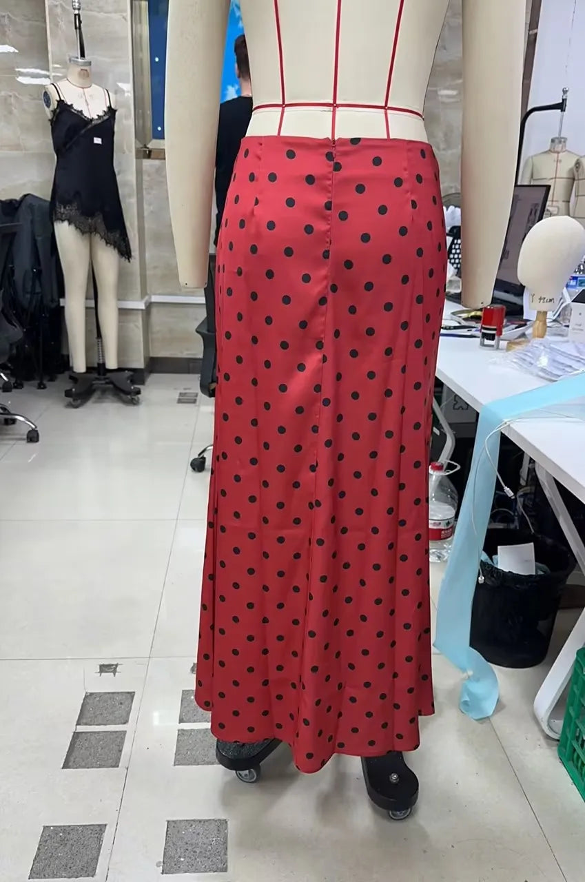 VacationGrabs French Vintage Polka Dot Satin Skirt High Waist Silky Midi Skirt Elegant Retro Print For Women Summer Y2K Streetwear