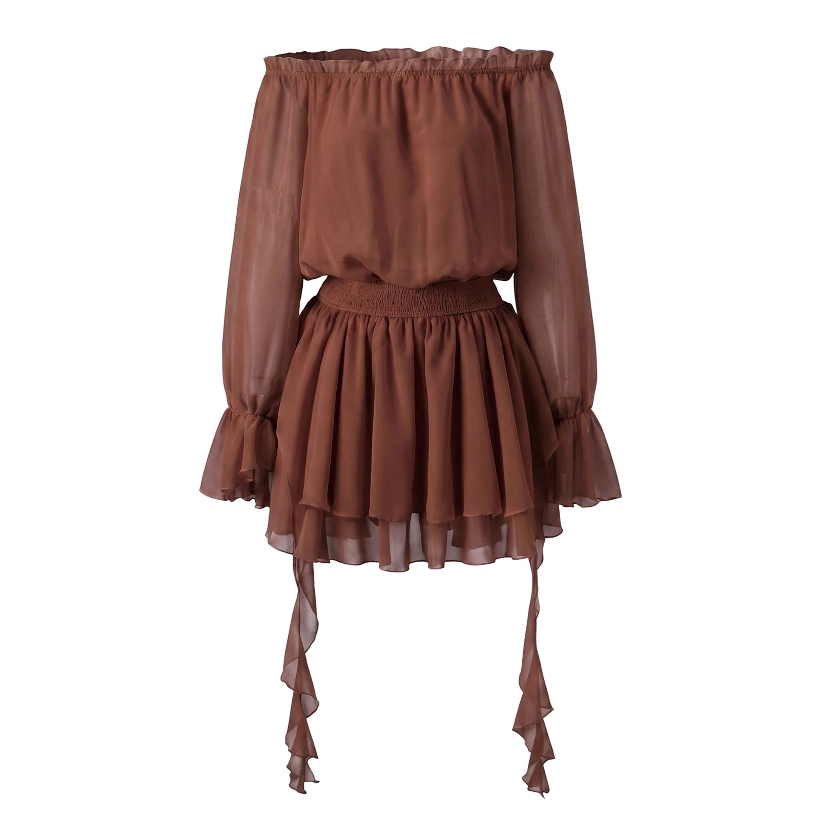 VacationGrabs Elegant Off Shoulder Flare Long Sleeve Chiffon Mini Dress Women Elastic Waist Tiered Ruffle Beach Vacation Short Dress