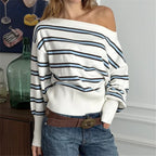 VacationGrabs Vintage Stripe Asymmetrical One Shoulder Knit Top Women Batwing Sleeve Ribbed Hem Cropped Sweater Winter Fall Streetwear