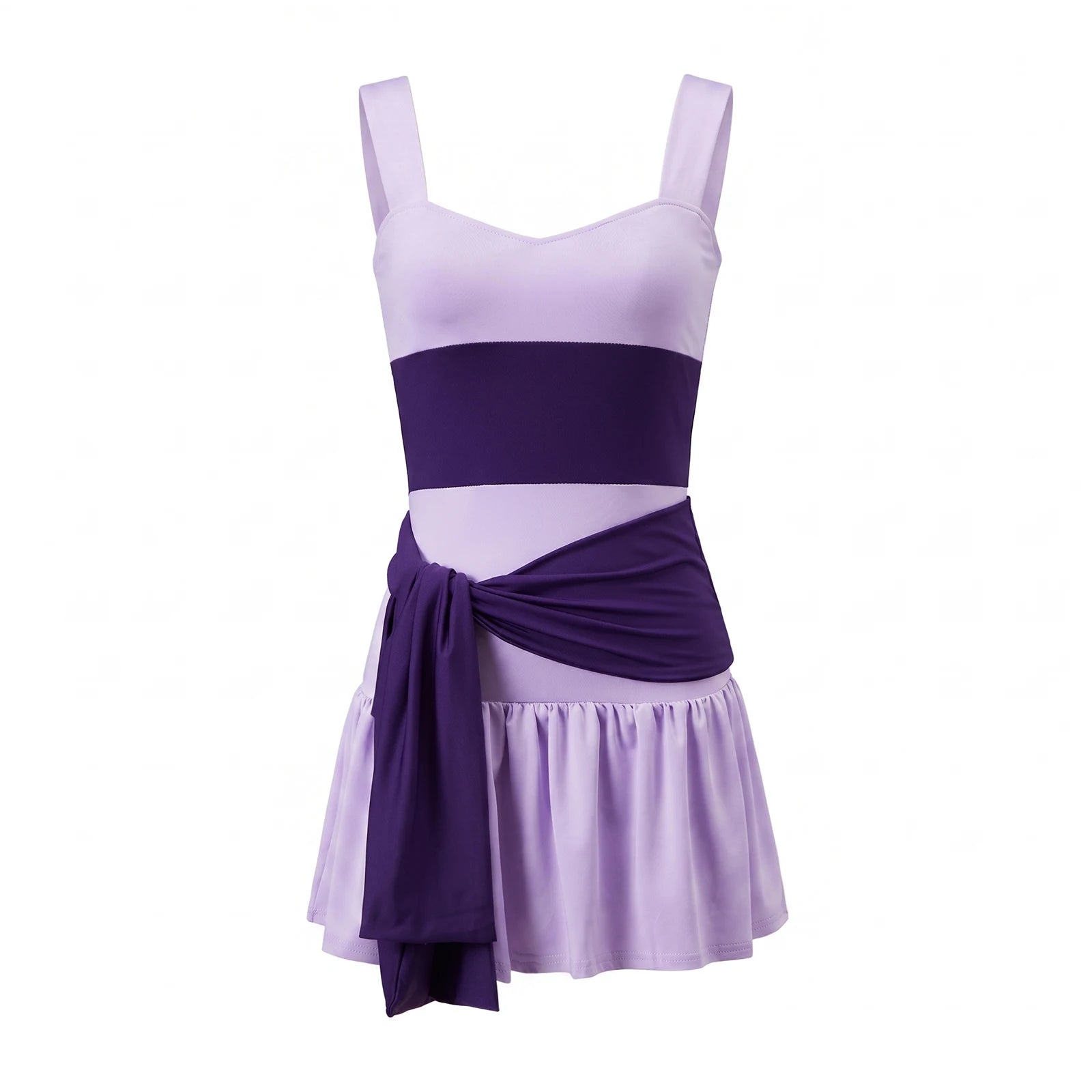 VacationGrabs Summer Color Block Mini Dress Women Wide Strap Sweetheart Neck Side Sash Tie Fake Two Piece Skort Dress Beach Vacation