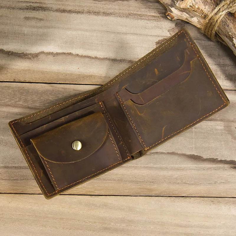 Men’s Genuine Leather Crazy Horse Short Wallet Vintage Card Holder - VacationGrabs