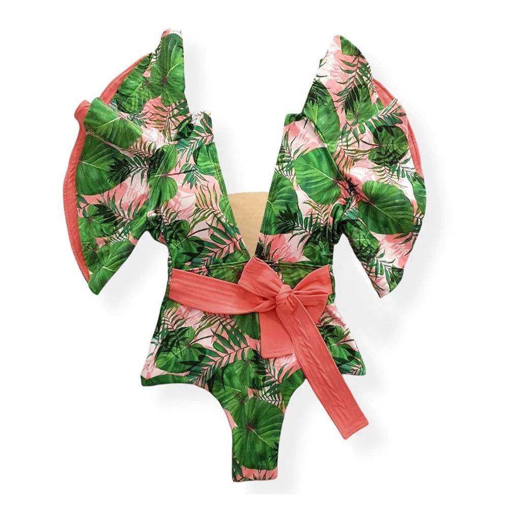 Women's Ruffle Sleeve Deep-V Bathing Suit - VacationGrabs