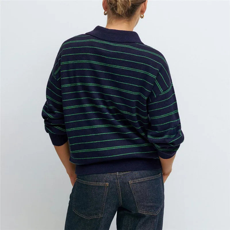 VacationGrabs Women Knit Oversized Striped Sweater Tops Winter Warm Long Sleeve Turn-down Collar Loose Fit Tops Y2K Streetwear