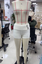 VacationGrabs Stylish Button Decor Ribbed Trim Foldover Mid Rise Shorts Women Knit Crochet Micro Shorts Casual Slim Fit Y2K Streetwear