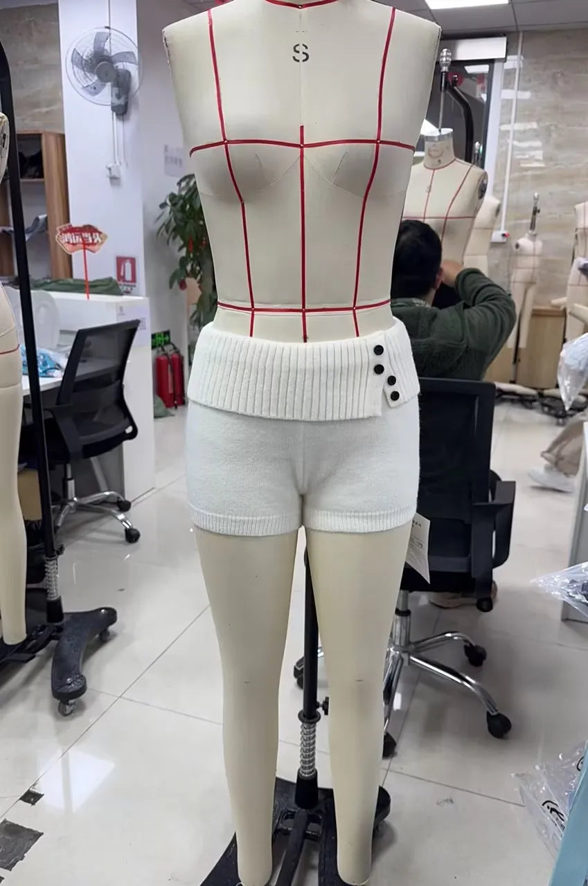 VacationGrabs Stylish Button Decor Ribbed Trim Foldover Mid Rise Shorts Women Knit Crochet Micro Shorts Casual Slim Fit Y2K Streetwear