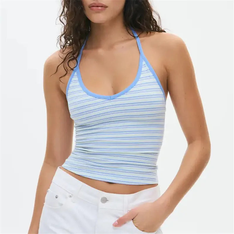 VacationGrabs Halter Neck Tank Tops for Women Y2K Striped Scoop Neck Slim Fit Sleeveless Cami Tops Trendy Summer Casual Going Out Vest
