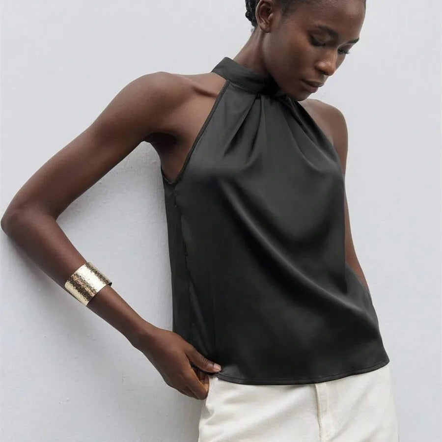 VacationGrabs Elegant Satin Halter Neck Tank Tops Women's Sleeveless Solid Color T Shirt Basic Crop Tops Fashion Summer Party Clubwear