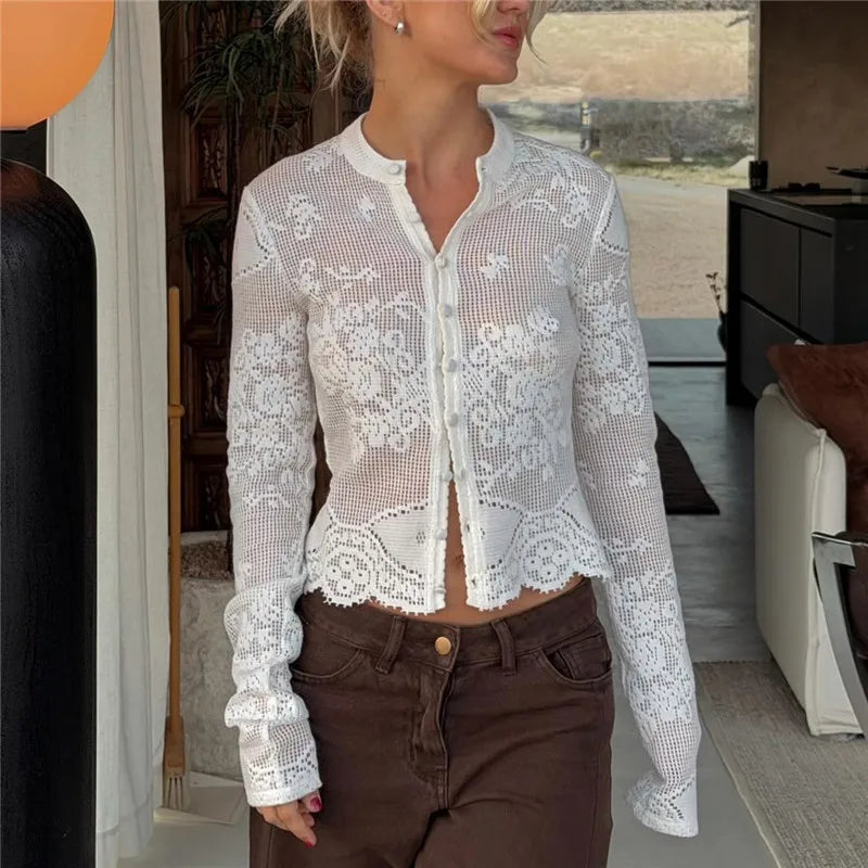 VacationGrabs Hollow Floral Lace Women Cropped Cardigan Stand Collar Long Sleeve Button Sheer See Through Cover Up Casual Beach Tops