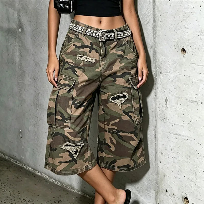 VacationGrabs Y2K Hip Hop Camo Cargo Capri Shorts Women Distressed Ripped Multi Side Pocket Baggy Wide Leg Camouflage Streetwear