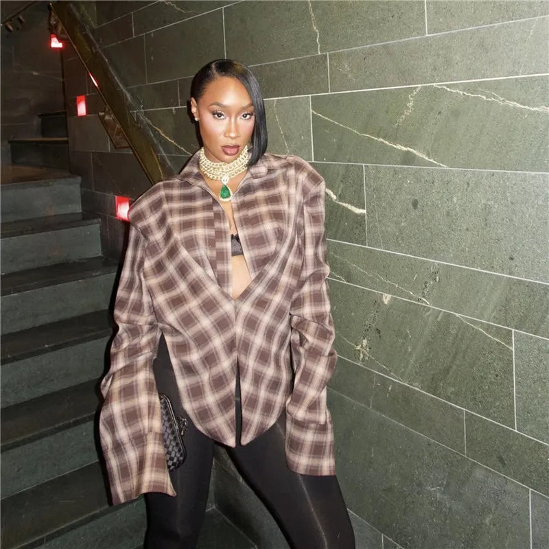 VacationGrabs Women Sexy Blouses Vintage Contrast Plaid V-Neck Slim Shirt Top Fashion Y2k Party Look New High Waisted Female Shirt Top