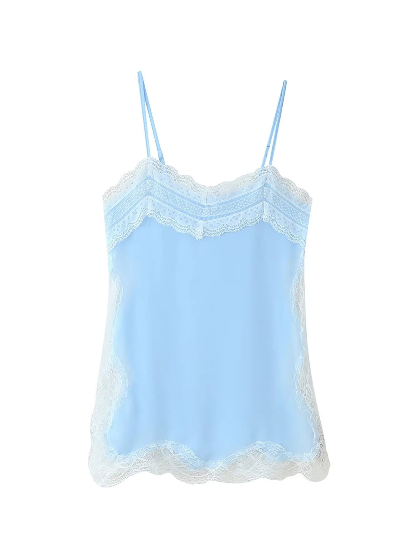 VacationGrabs Women Lace Trim Satin High Low Tops Silk Spaghetti Strap Side Split Asymmetrical Cami Top Flowy Silky Layering Tops