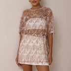 Women's Sequins Mesh T Shirt Blouse Summer Fashion Crew Neck Loose Fit Short Sleeve Sheer See Through Tops Shirt Streetwear