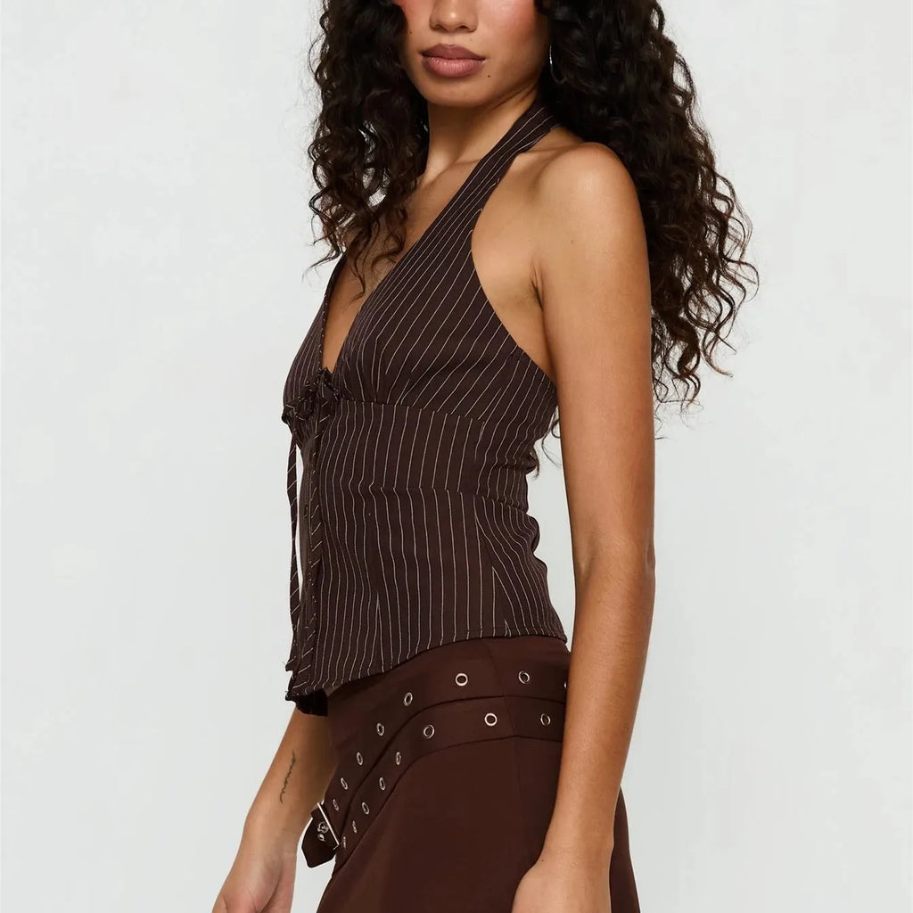 VacationGrabs Retro Pinstripe Halter Neck Crop Top Women Deep V Tie Front Button Down Sleeveless Slim Fit Y2K Tank Vest Streetwear