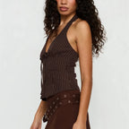 VacationGrabs Retro Pinstripe Halter Neck Crop Top Women Deep V Tie Front Button Down Sleeveless Slim Fit Y2K Tank Vest Streetwear