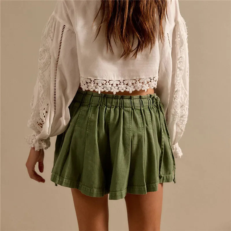 VacationGrabs Women Y2K Retro Pleated Denim Shorts High Waist Elastic Waist Wide Leg Casual Shorts with Drawstring Pockets Streetwear