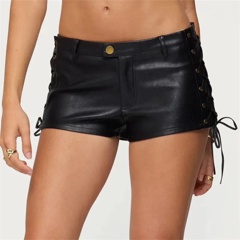 VacationGrabs American Retro Motorcycle Style Faux Leather Low Rise Shorts Lace-Up Side Detail Mini Hot Pants Gothic Punk Streetwear