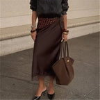 VacationGrabs Elegant Lady Elastic Waist Silky Lace Trim Midi Skirt Women Satin Lace Long Skirt Y2k Half Slip Maxi Skirts Under Dress