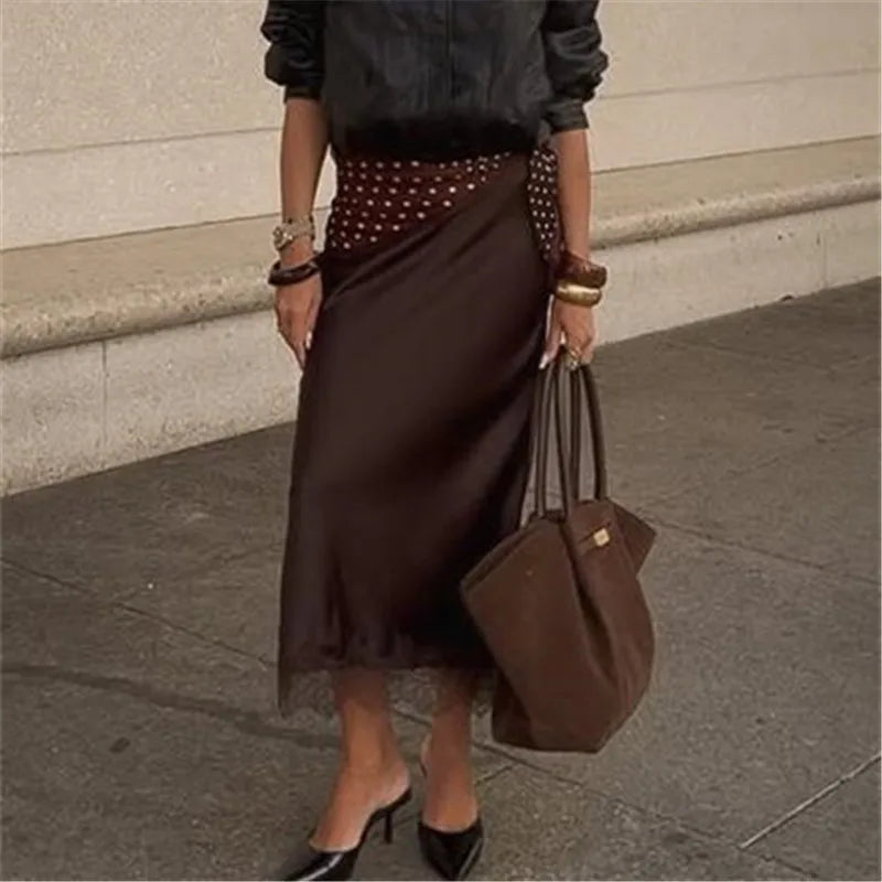VacationGrabs Elegant Lady Elastic Waist Silky Lace Trim Midi Skirt Women Satin Lace Long Skirt Y2k Half Slip Maxi Skirts Under Dress