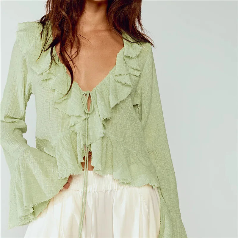 VacationGrabs Y2K Retro Raw Fringe Ruffle Crop Blouse Women Crinkled Texture V Neck Tie Front Flare Long Sleeve Casual Street Shirts