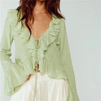 VacationGrabs Y2K Retro Raw Fringe Ruffle Crop Blouse Women Crinkled Texture V Neck Tie Front Flare Long Sleeve Casual Street Shirts