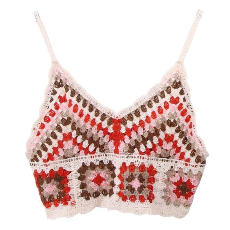 Womens Summer Crochet Knit Crop Top Embroidered Color Block - VacationGrabs