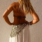VacationGrabs Women Boho Crochet Sequin Shell Hip Scarf Irregular Mesh Handmade Knit Beach Wrap Skirt Summer Vacation Festival Wear
