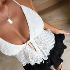 VacationGrabs Summer Women Y2K Lace Shirt Sexy Halter Neck Deep V Neck Crop Top Tie Front Sleeveless Strappy Cami Shirt Streetwear