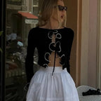 VacationGrabs Ruffled Knit Sweater Cardigan Female Lace-Up Patchwork Long Sleeve Cropped Top Coat Streetwear Autumn Women Knitwear Top