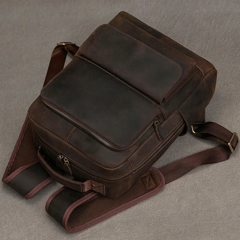 Mens Crazy Horse Leather Backpack 15.6 inch Laptop School Bag, Men's, Size: One size, Brown