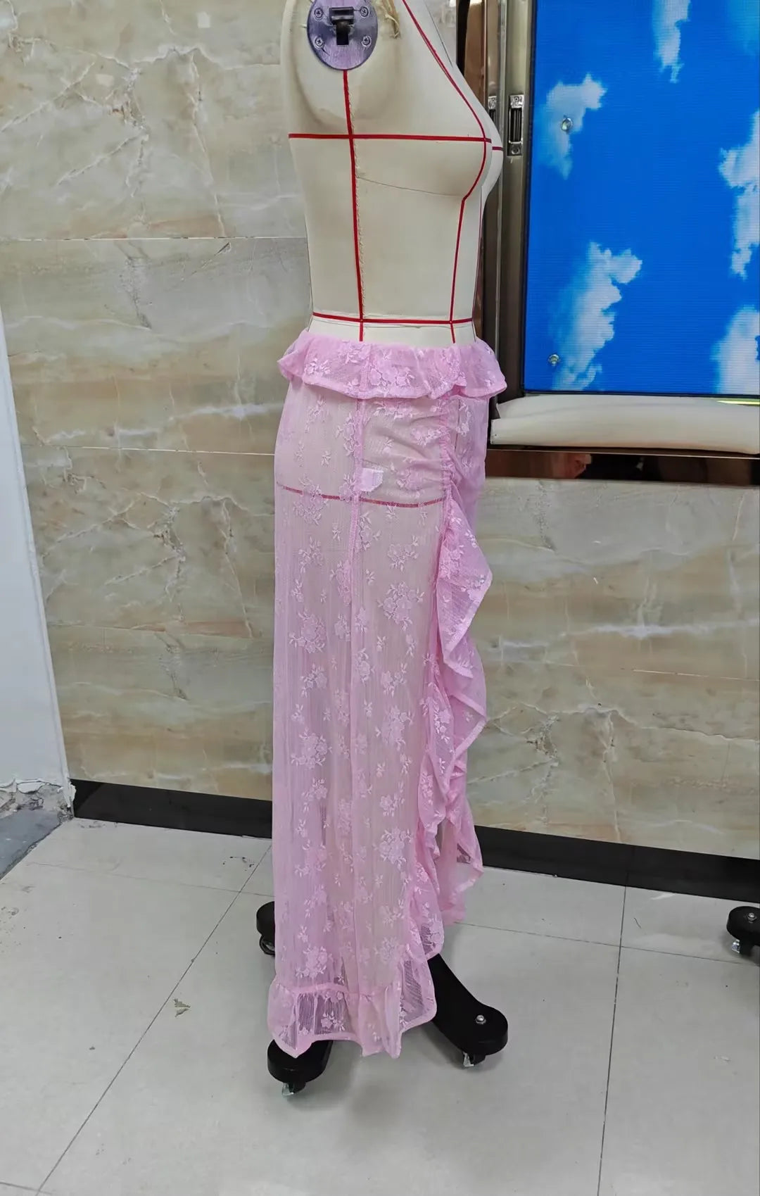 VacationGrabs Women Asymmetrical Lace Flowy Skirt Vintage Long Skirts High Waist Ruffle Midi Aesthetic Ladies See Through Beach Skirts