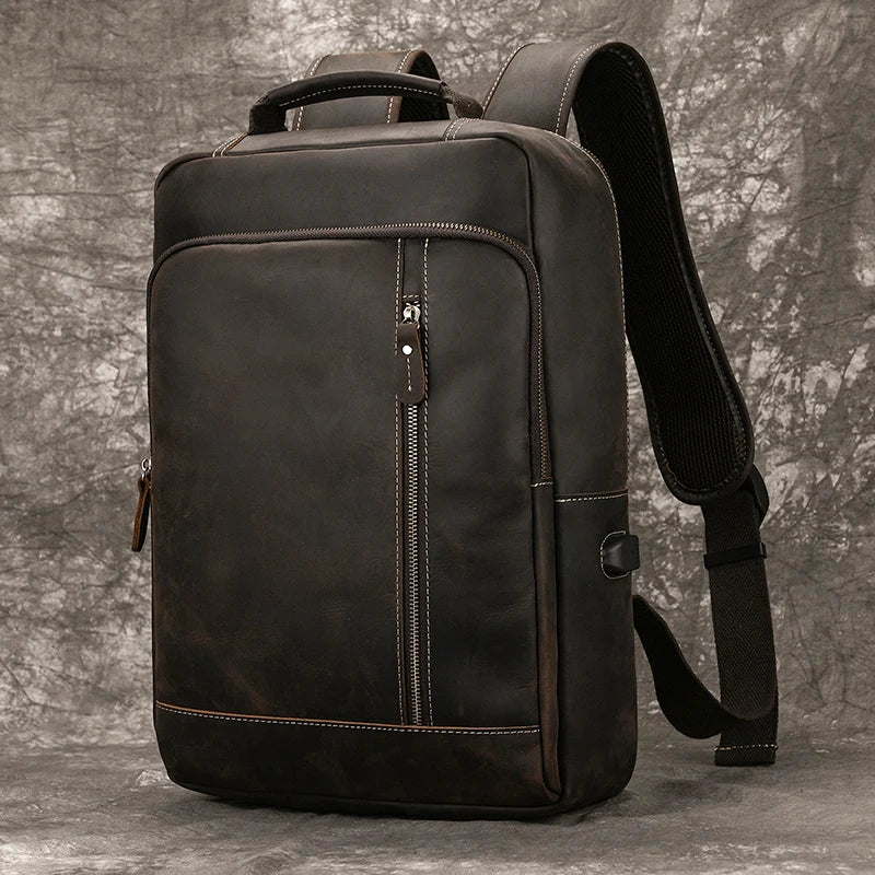 Men's Crazy Horse Leather Backpack 15.6" Laptop Daypack USB